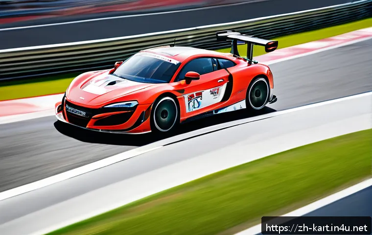 카트라이더 전설 트랙 데이터 - A dynamic racing car sharply navigating a complex S-shaped curve on a professional racetrack, showca...