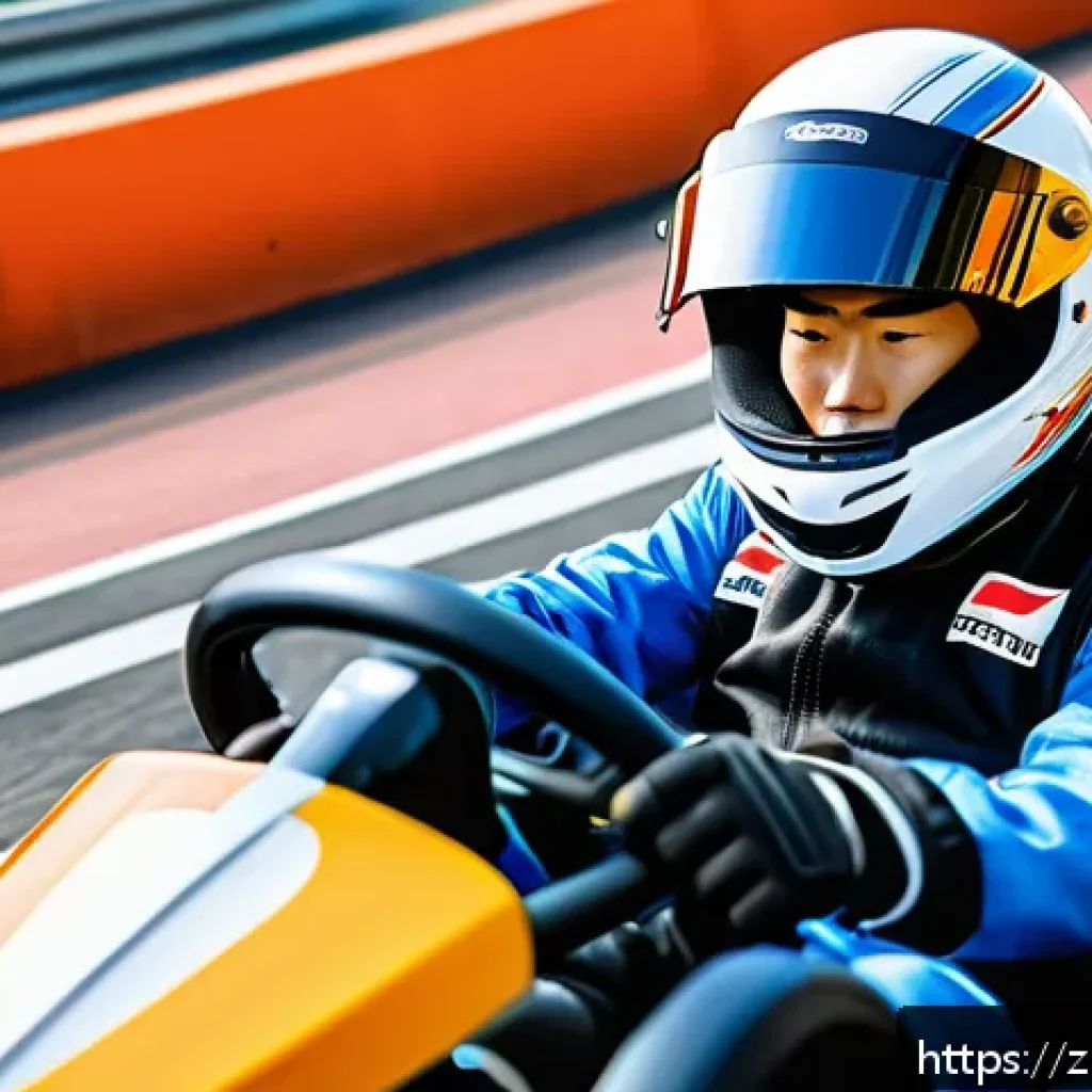 카트라이더 초보 유저의 게임 공략 노하우 - A beginner karting driver sitting in a low racing seat inside a modern go-kart, wearing a full-face ...