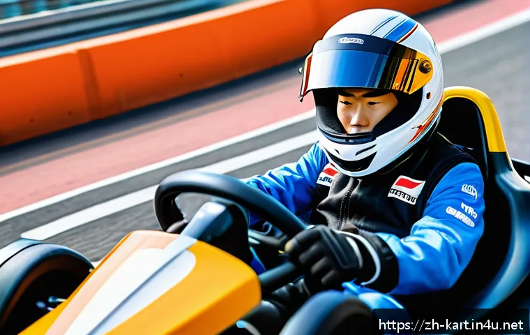 카트라이더 초보 유저의 게임 공략 노하우 - A beginner karting driver sitting in a low racing seat inside a modern go-kart, wearing a full-face ...