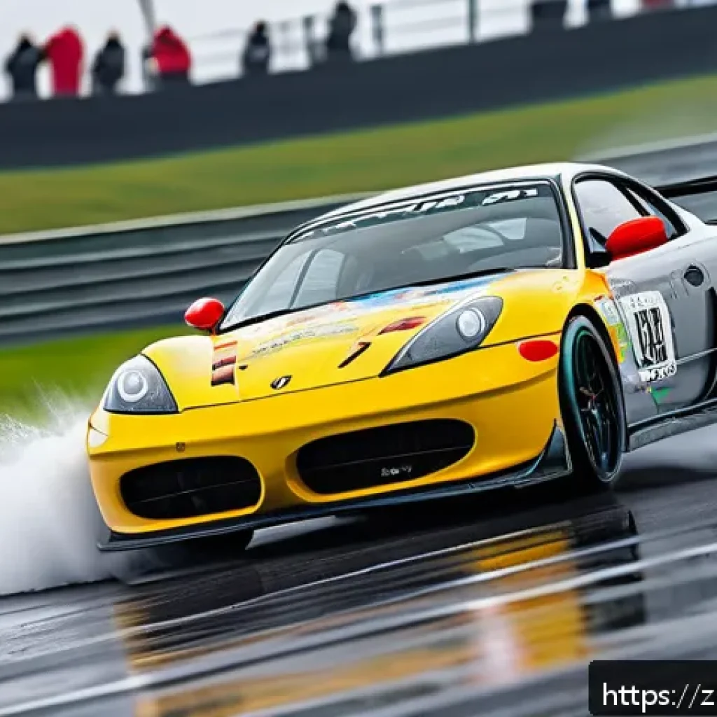 카트라이더 초보 유저를 위한 드리프트 공략 - A dynamic scene of a modern sports car performing a controlled drift on a wet racetrack, showcasing ...