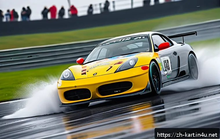카트라이더 초보 유저를 위한 드리프트 공략 - A dynamic scene of a modern sports car performing a controlled drift on a wet racetrack, showcasing ...