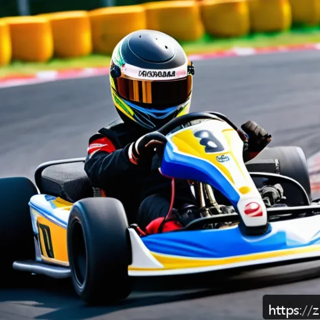 카트라이더 중급자 스피드 기술 - A dynamic close-up scene of a professional go-kart racer wearing a full racing suit and helmet, expe...
