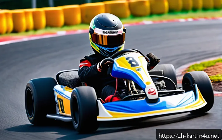 카트라이더 중급자 스피드 기술 - A dynamic close-up scene of a professional go-kart racer wearing a full racing suit and helmet, expe...