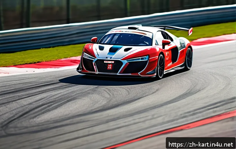 카트라이더 초보 유저를 위한 트랙 공략 - A dynamic racing car maneuvering through a sharp hairpin turn on a professional race track under bri...