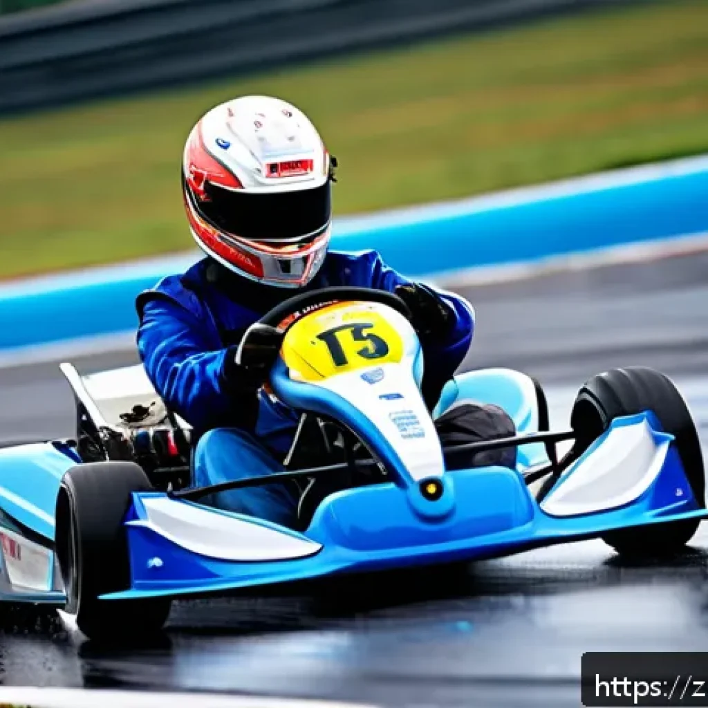 카트라이더 초보 유저의 글로벌 팬아트 대회 성공 사례 - A dynamic scene of a young adult kart racer wearing a full racing suit and helmet, skillfully drifti...