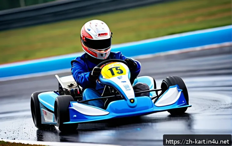 카트라이더 초보 유저의 글로벌 팬아트 대회 성공 사례 - A dynamic scene of a young adult kart racer wearing a full racing suit and helmet, skillfully drifti...