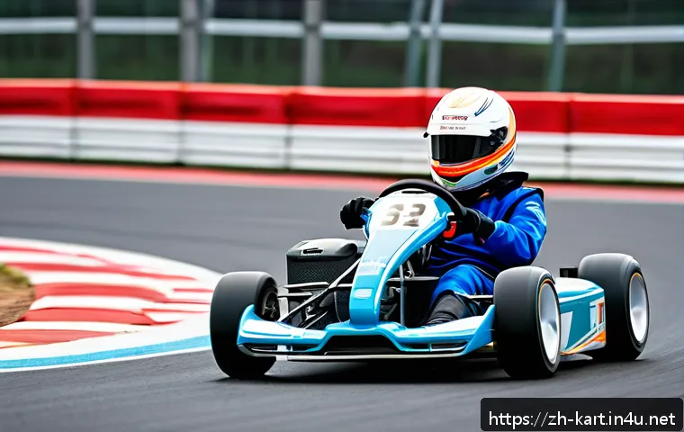 카트라이더 초보 유저와 트랙 공략 요령 - A dynamic kart racing scene on a modern outdoor track during daytime, focusing on a skilled driver n...