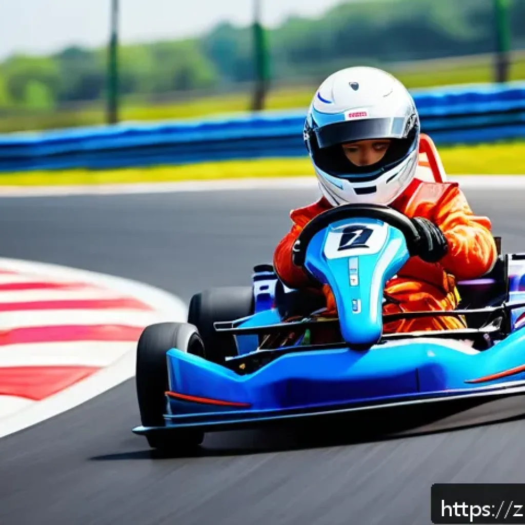 카트라이더 초보 유저의 성공 사례 - A dynamic scene of a young adult kart racer practicing on an outdoor karting track under bright dayl...