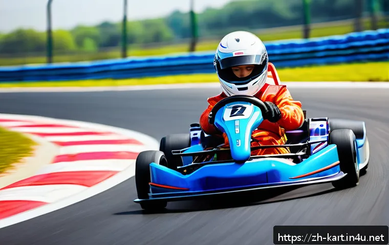 카트라이더 초보 유저의 성공 사례 - A dynamic scene of a young adult kart racer practicing on an outdoor karting track under bright dayl...