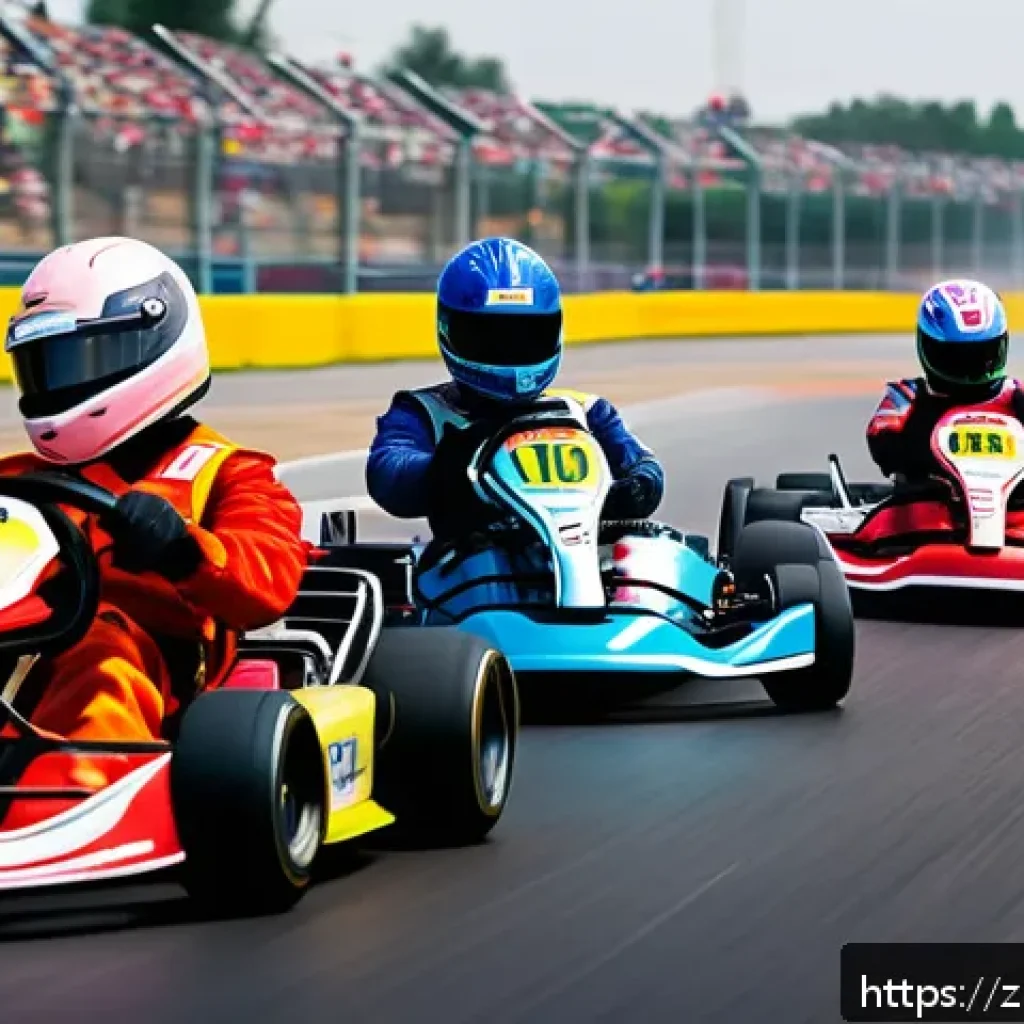 카트라이더 프로 리그 관전 포인트 - A dynamic scene of a professional kart racing start, showing multiple racers in colorful racing suit...