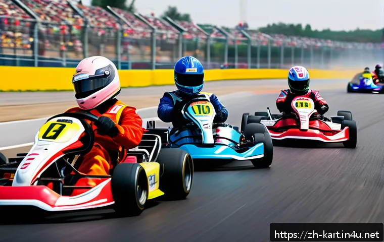 카트라이더 프로 리그 관전 포인트 - A dynamic scene of a professional kart racing start, showing multiple racers in colorful racing suit...