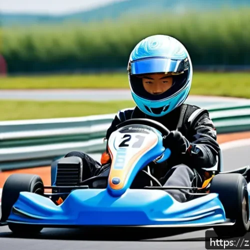 카트라이더 초보 유저와 글로벌 커뮤니티 활용 - A detailed scene of a young adult kart racer on a modern outdoor karting track under bright daylight...