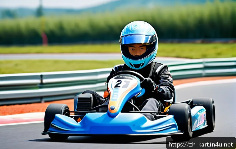 카트라이더 초보 유저와 글로벌 커뮤니티 활용 - A detailed scene of a young adult kart racer on a modern outdoor karting track under bright daylight...
