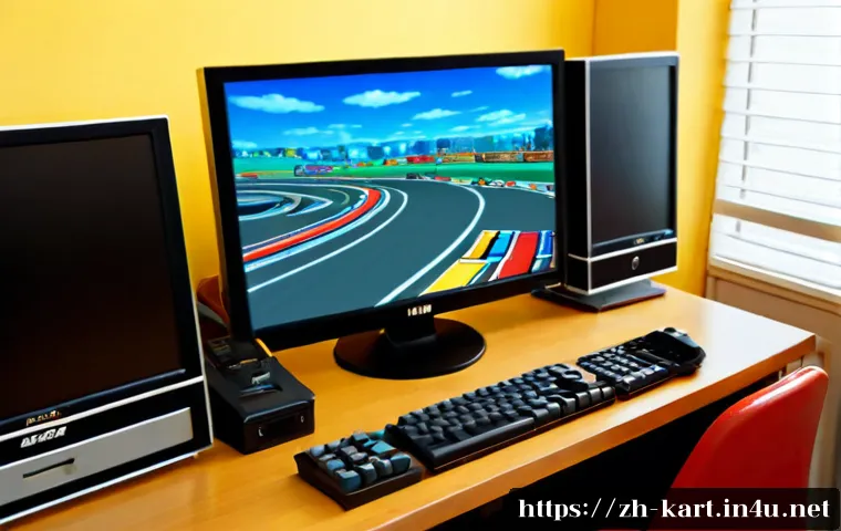 카트라이더 개발 역사 - Photorealistic early-2000s video game development studio, a focused game designer at a bulky desktop...
