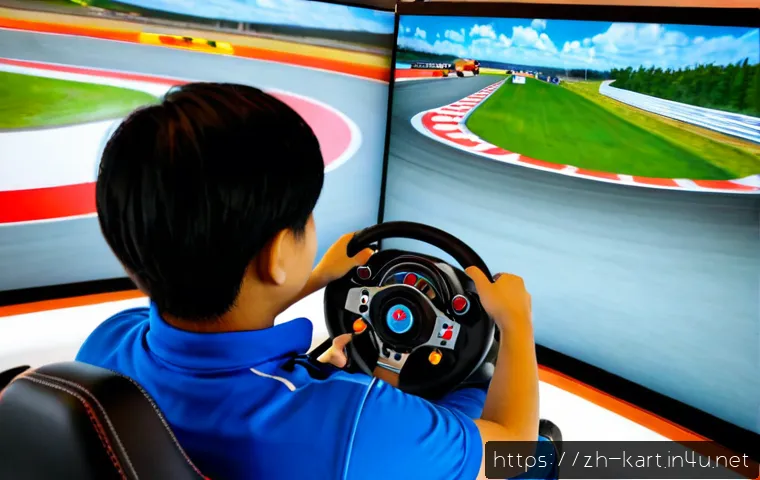 카트라이더 초보자용 영상 콘텐츠 - Photorealistic over-the-shoulder view of a beginner driver in a colorful indoor kart racing simulato...