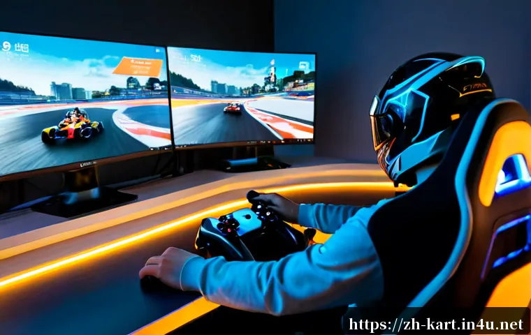카트라이더 신규 업데이트 정보와 분석 - Photorealistic home gaming desk showing a widescreen monitor with a colorful fictional kart racing g...