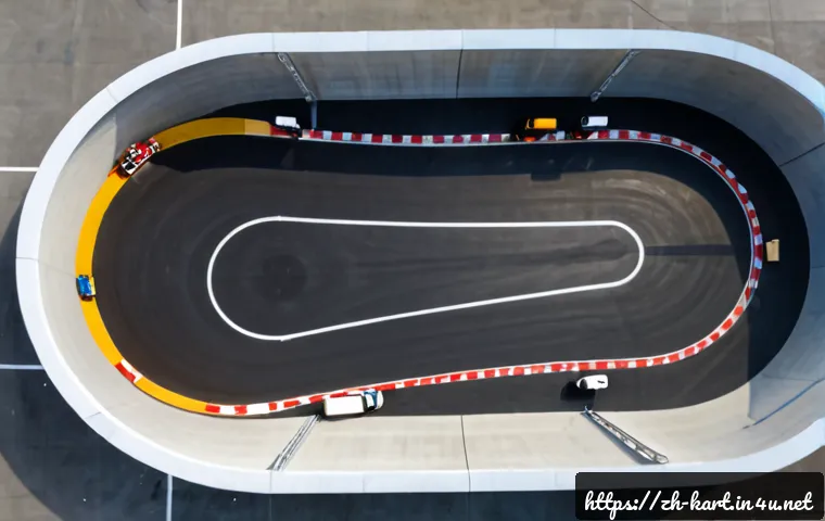 카트라이더 트랙 디자인 분석 - Photorealistic overhead view of a professional miniature kart racing track design on a large studio ...