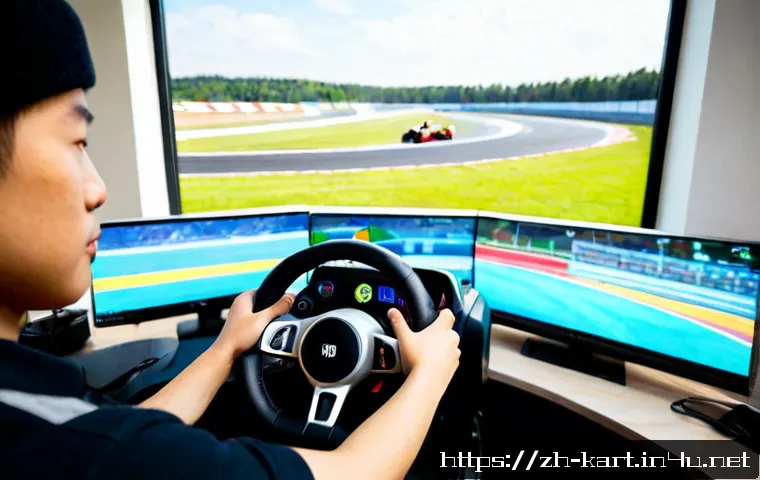 카트라이더 초보 유저의 트랙 공략 - Photorealistic young adult beginner in a bright home gaming setup, focused on a colorful kart racing...