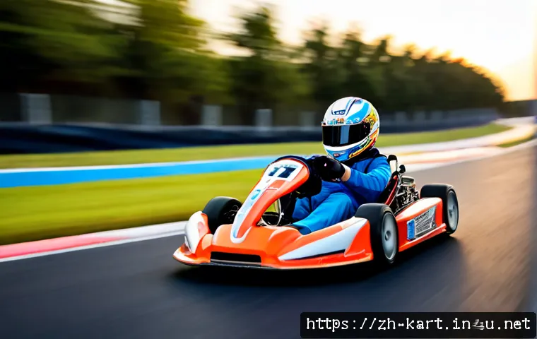 카트라이더 최고 속도 내는 법 - Photorealistic high-speed go-kart racing scene on a modern outdoor circuit, determined helmeted driv...