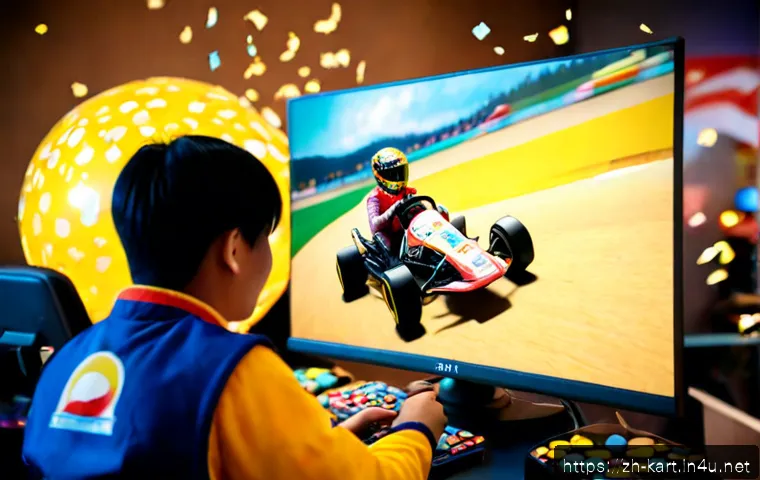 카트라이더 전설 캐릭터 해금법 - Photorealistic over-the-shoulder scene of a player unlocking a legendary racing character in a color...