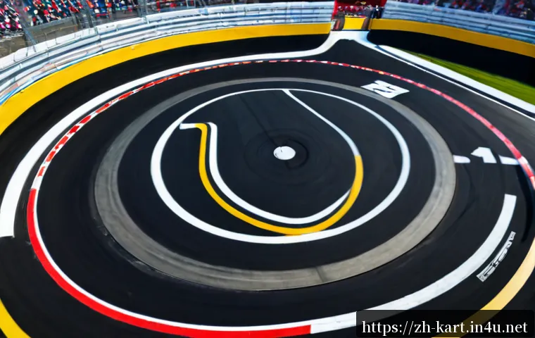 카트라이더 트랙별 최단거리 분석 - Photorealistic overhead view of a colorful indoor go-kart race circuit, a single sleek kart taking t...