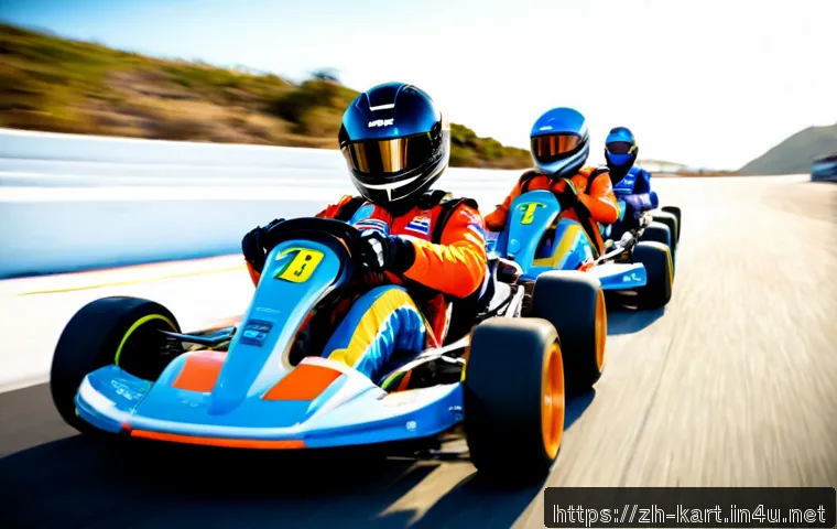 카트라이더 신규 출시 트레일러 - Photorealistic cinematic scene of a colorful fictional kart racing game launch trailer, three sleek ...