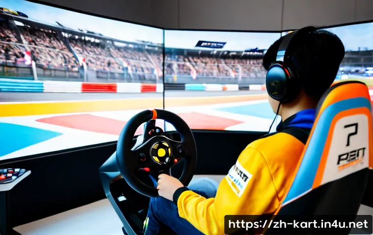 카트라이더 랭킹 시스템 이해하기 - Photorealistic esports racing setup, focused young adult player seated at a clean desk with a steeri...