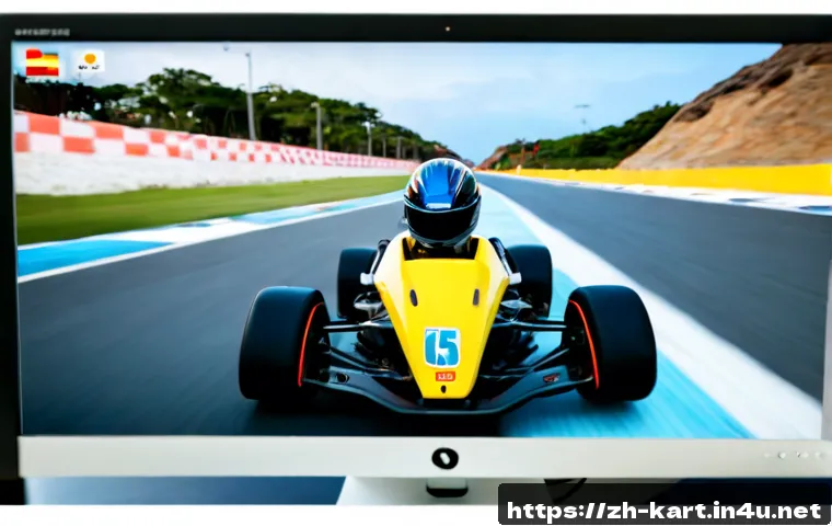 카트라이더 신규 업데이트와 글로벌 유저 피드백 - Photorealistic modern gaming desk showing a colorful kart racing game update on a widescreen monitor...
