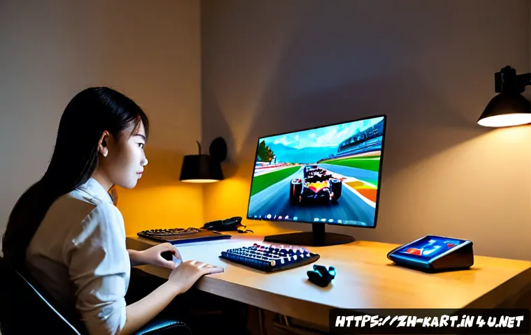 카트라이더 아이템 교환 성공법 - Photorealistic gaming desk scene, focused young adult player carefully comparing colorful virtual ra...