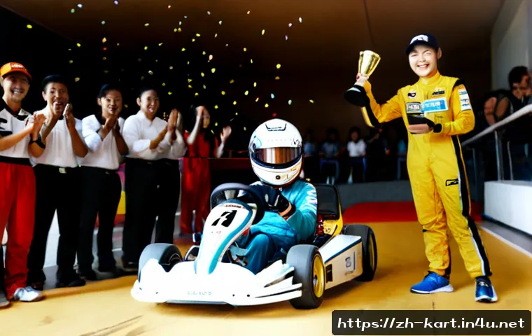 카트라이더 이벤트 성공 스토리 - Photorealistic indoor kart racing event celebration, a joyful young adult racer in a bright full-fac...